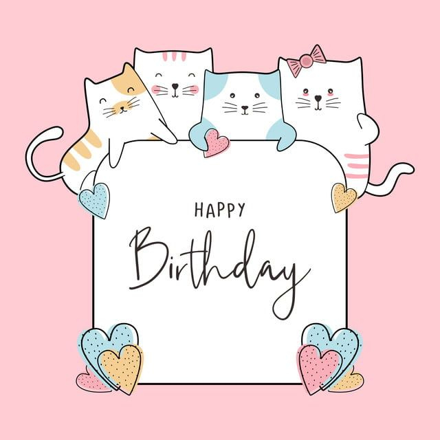 Birthday Celebration Card Design With Cute Baby Cats Drawing Funny 