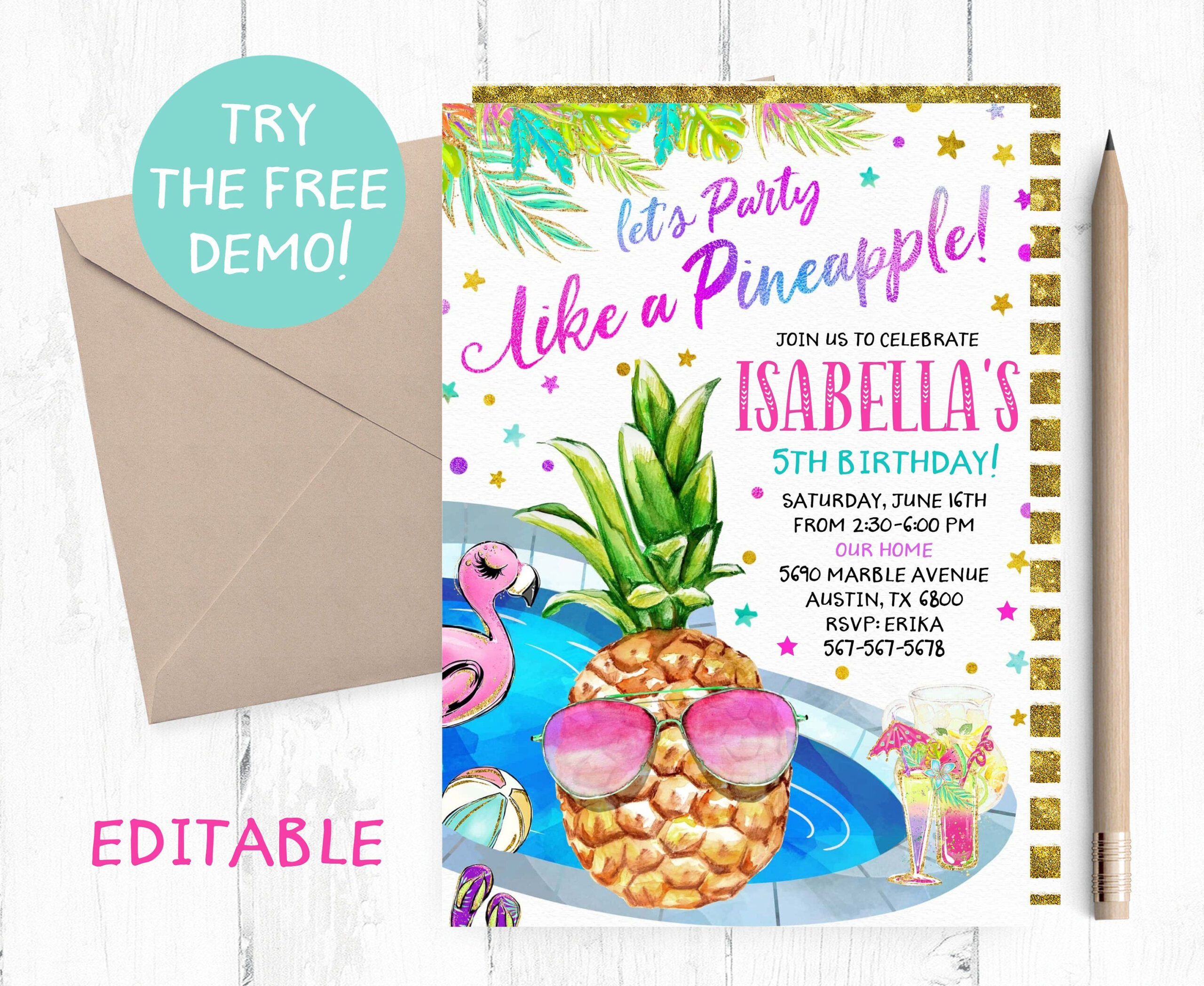 Editable Pineapple Pool Invitation Pineapple Pool Party Etsy
