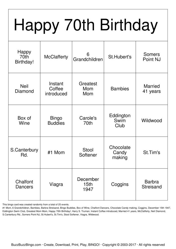 Happy 70th Birthday Bingo Cards To Download Print And Customize 
