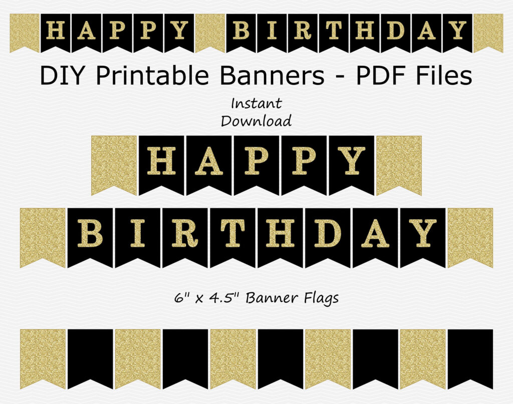 Happy Birthday Banner Black Gold Glitter PRINTABLE
