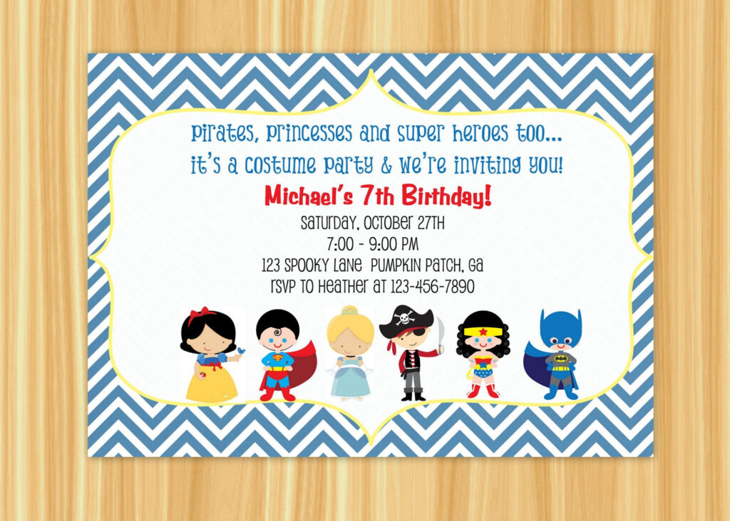 Kids Costume Party Birthday Invitation Blue Or Orange Chevron