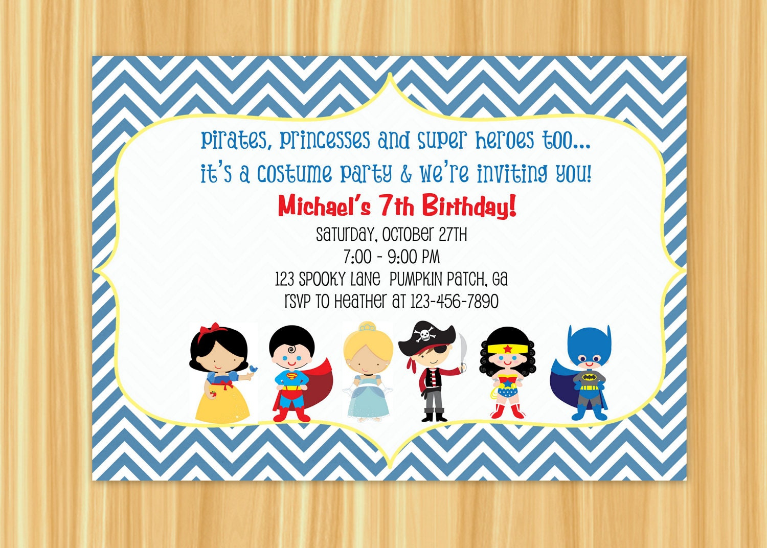 Kids Costume Party Birthday Invitation Blue Or Orange Chevron