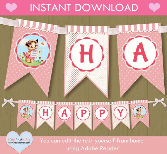 Kitty Cat Birthday Banner INSTANT DOWNLOAD Cute Printable Kitten 