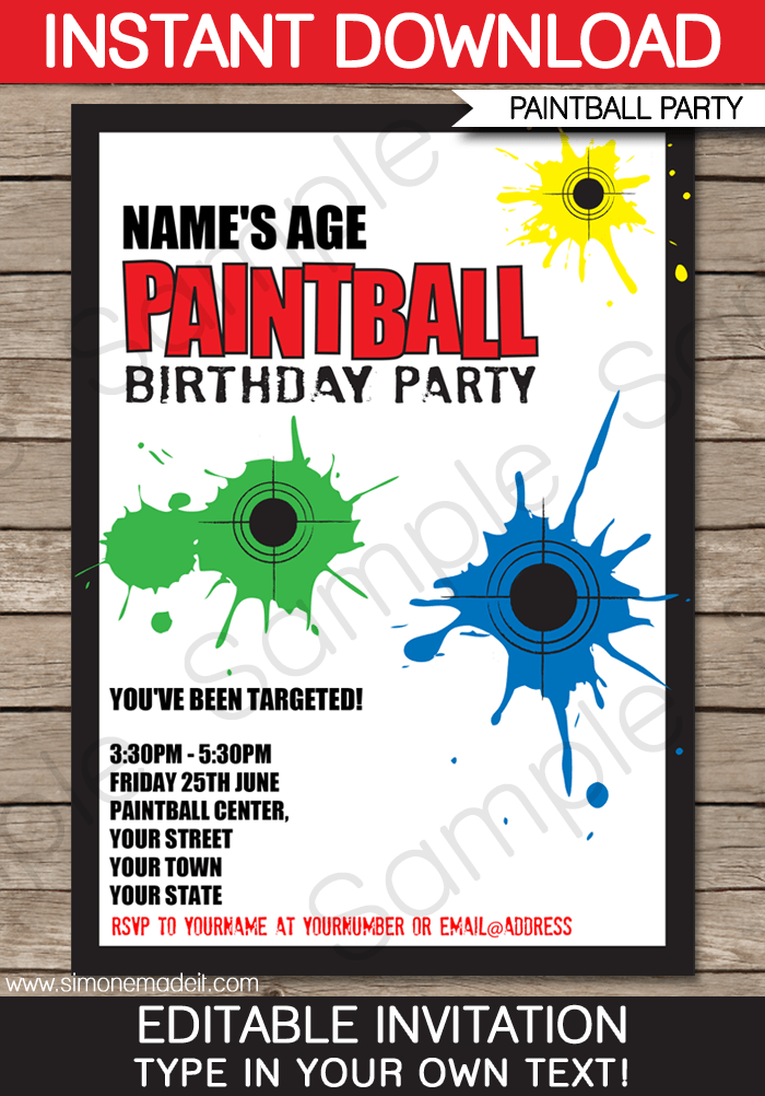 Paintball Party Invitations Birthday Party Editable DIY Theme