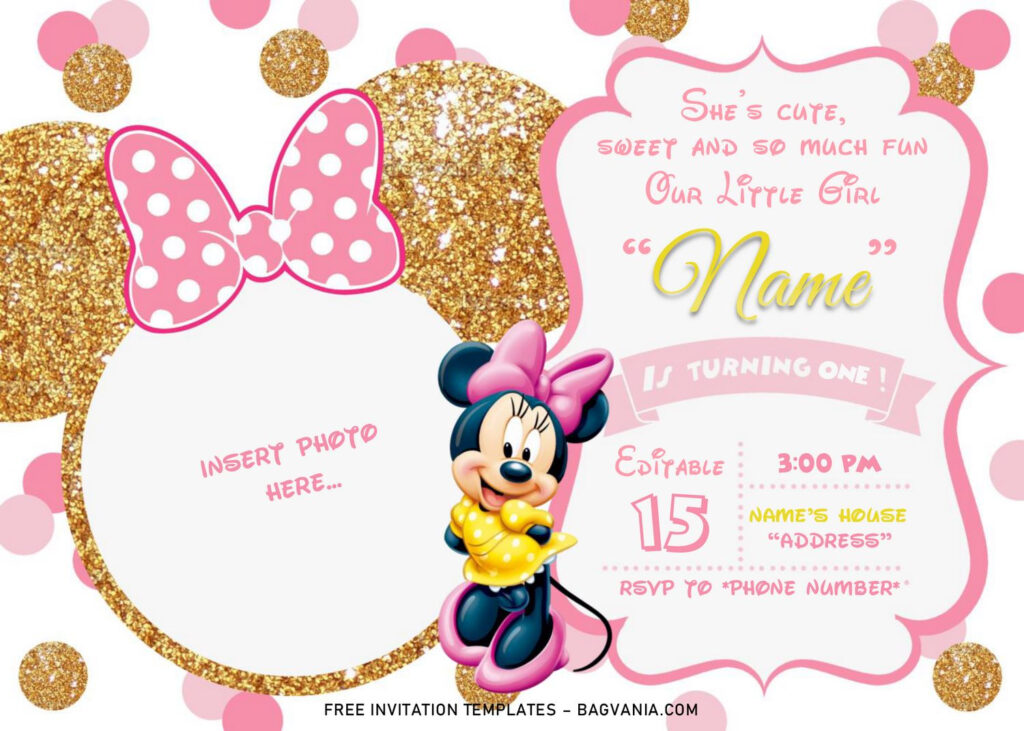 Pink And Gold Minnie Mouse Birthday Invitation Templates Editable 