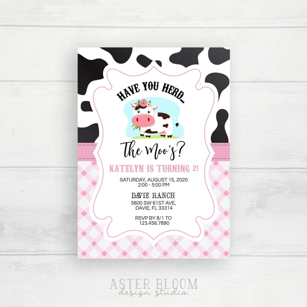 Cow Birthday Invitation Pink Farm Invite Cow Print Party Etsy Cow 