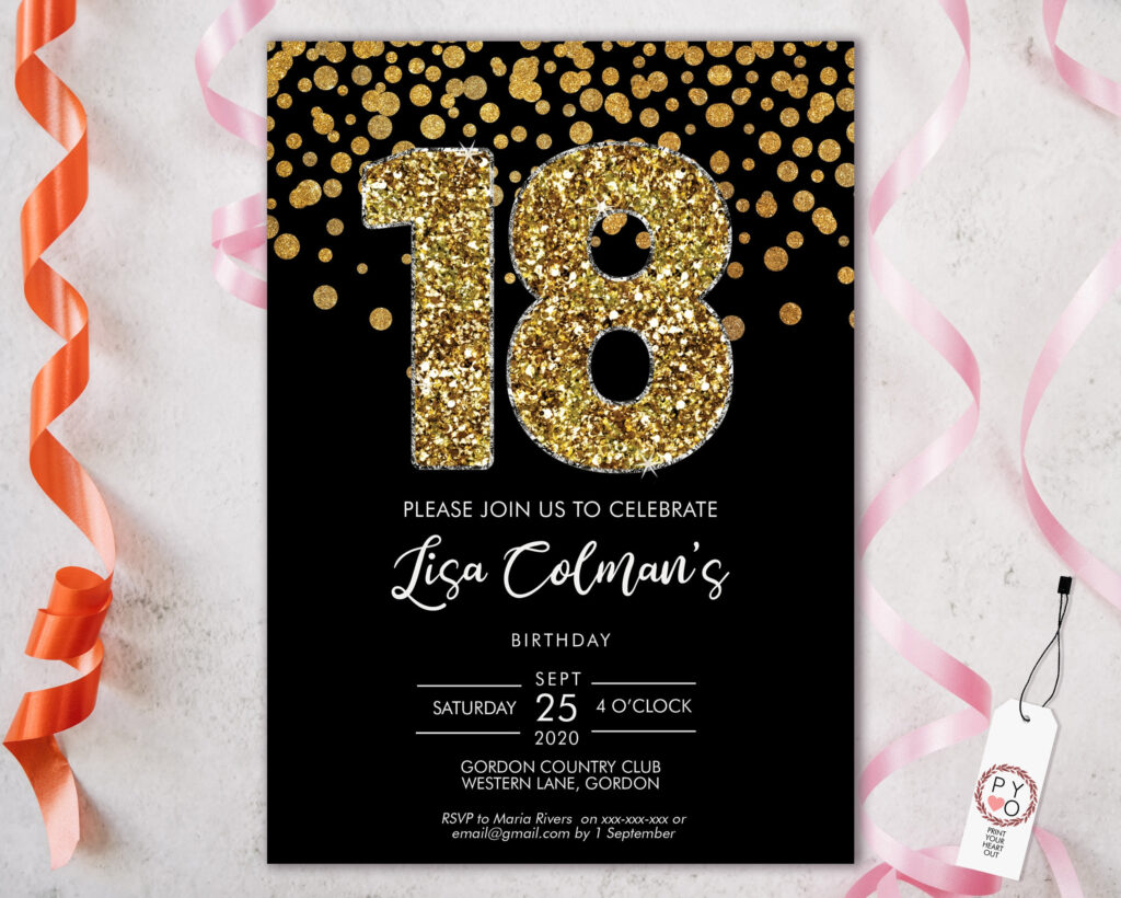 DIY 18th Birthday Confetti Invitation Printable Template Black Gold 