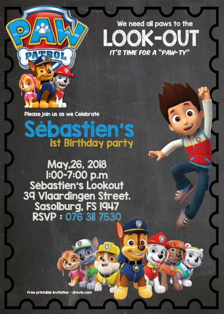 FREE Printable Paw Patrol Birthday Invitation Chalkboard PSD Template 