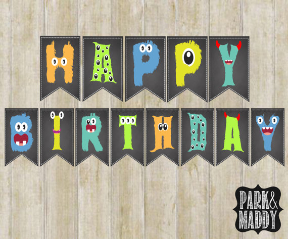 Little Monster Birthday Banner Chalkboard Printable Monster Party 