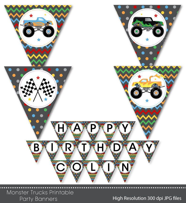 Monster Trucks Banners Monster Trucks Bunting Flags INSTANT DOWNLOAD 