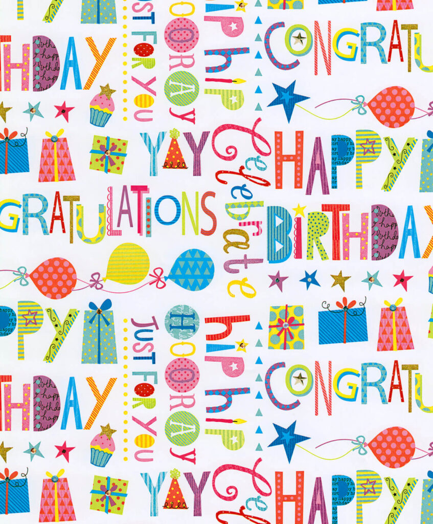 PRINTED MATTE WRAPPING PAPER MULTI HAPPY BIRTHDAY PRINT Ribbon Blues