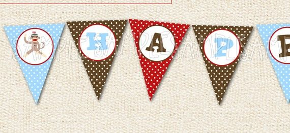 Sock Monkey DIY Printable Happy Birthday Pennant Banner Printable 