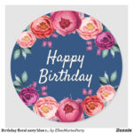 Birthday Floral Navy Blue Rose Gold Blush Pink Classic Round Sticker