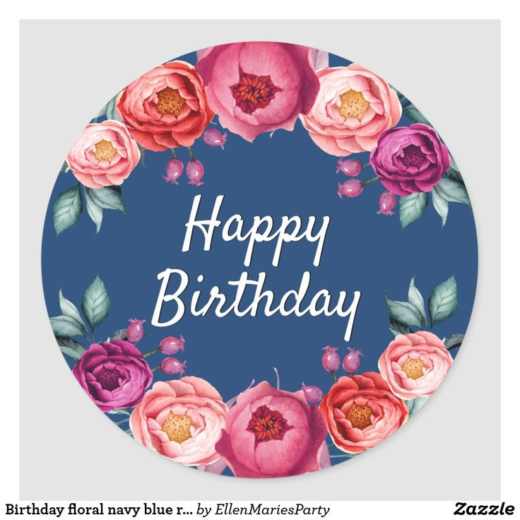 Birthday Floral Navy Blue Rose Gold Blush Pink Classic Round Sticker 