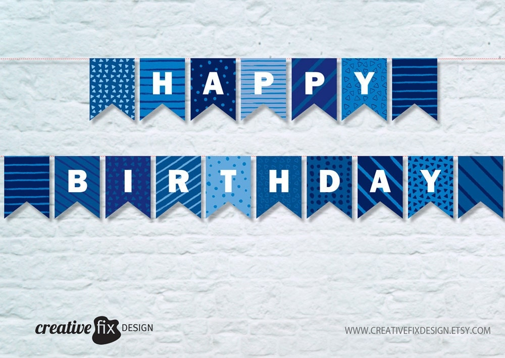 Printable Banner BLUE Happy Birthday Pretty Diy Decor Blue