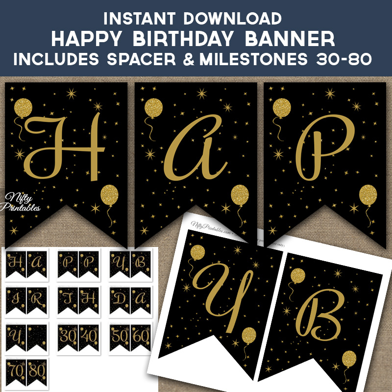 Printable Glitter Balloons Happy Birthday Banner Black Gold