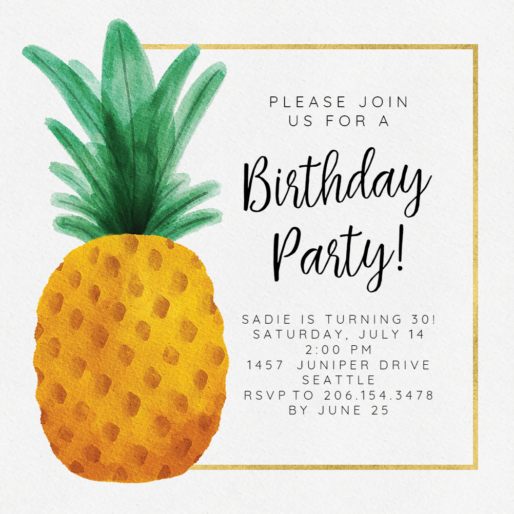 Watercolor Pineapple Birthday Invitation Template Free Greetings 